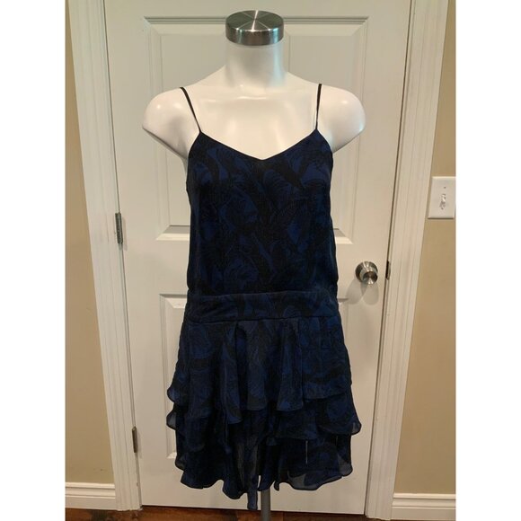 Derek Lam 10 Crosby Black & Blue Leaf Fern Patterned Flounce Mini Dress, Size 00 - Picture 1 of 6